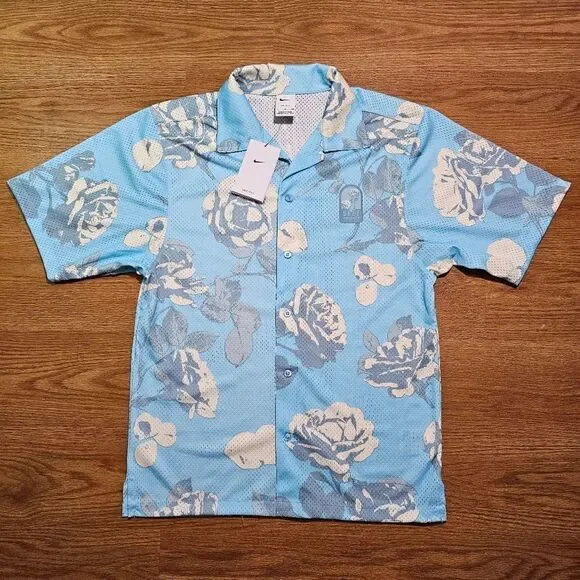 Nike Rose City Mesh Button-Up Shirt Dri-Fit Floral Men's Medium Blue FJ1650-499 - Picture 1 of 12